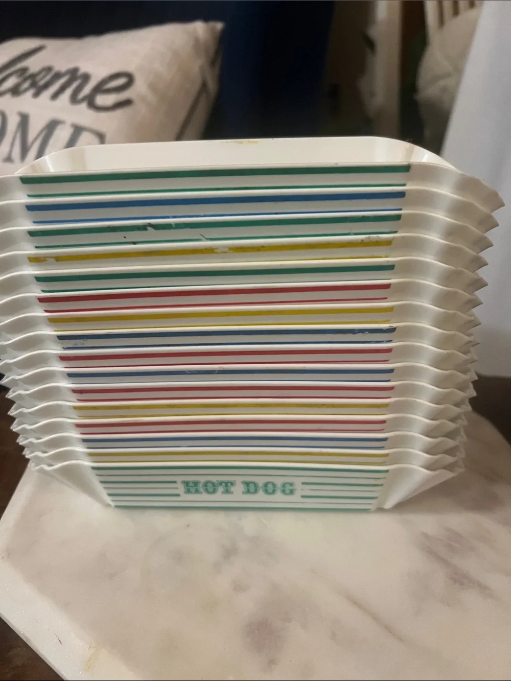 White Hot Dog Paper Trays with Multicolor Stripe Design